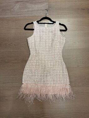 Fashion Nova Pink Tweed Mini Dress with Feather Trim